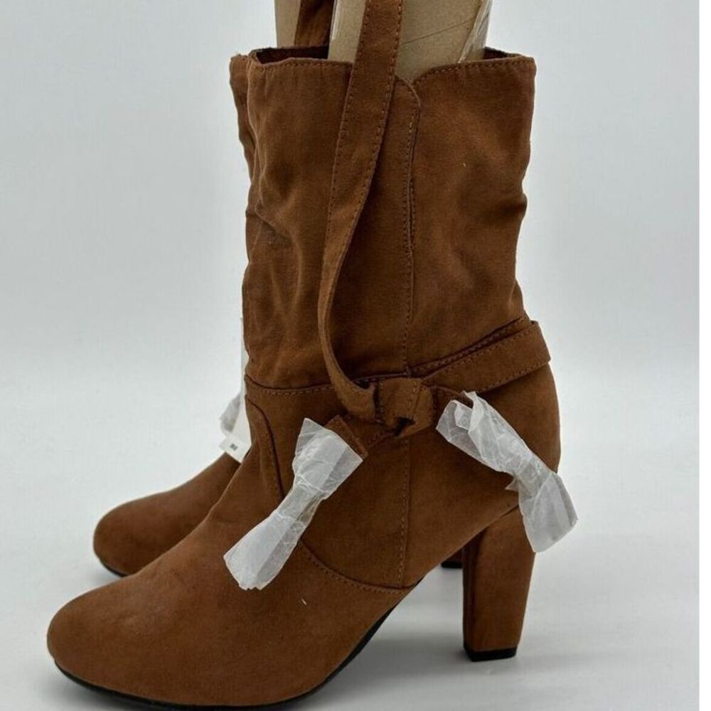 Express Suede Leather Boots Womens 6 Mid Calf Brown Tissu Stacked Block Heel NEW